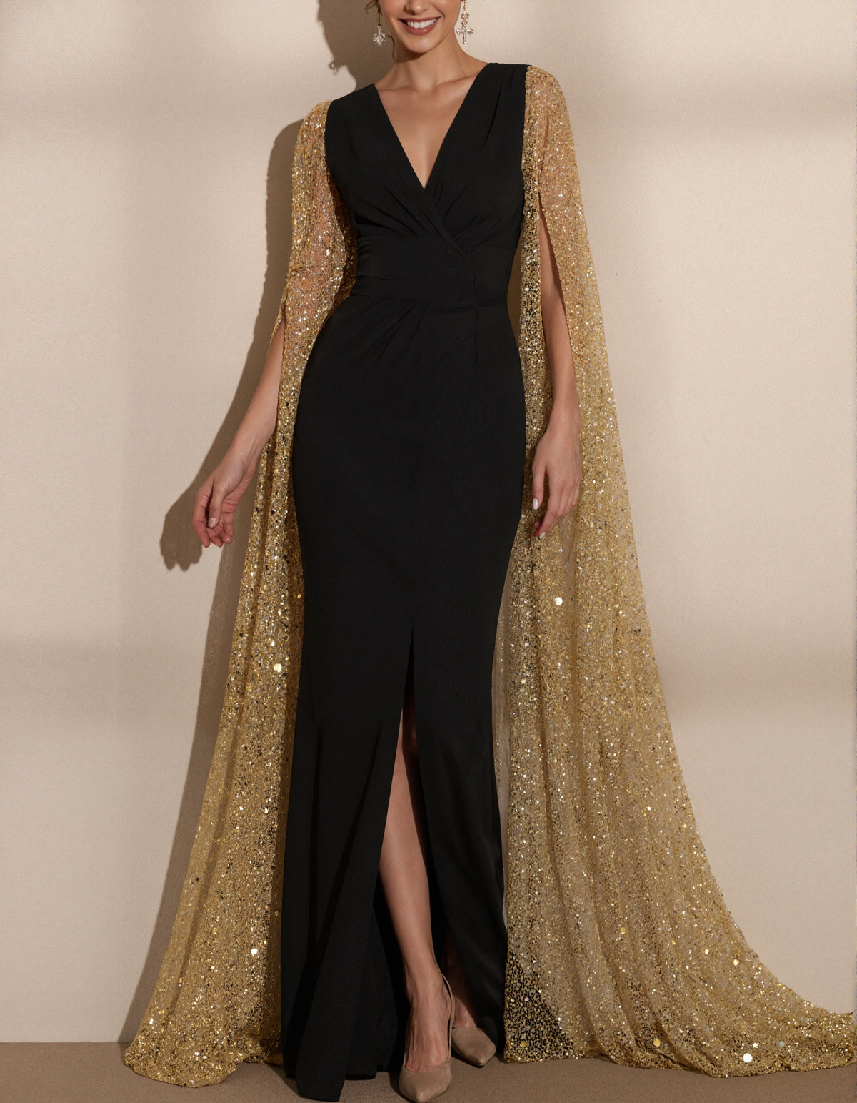 Black Fitted V-neck Shawl Style Maxi Dress