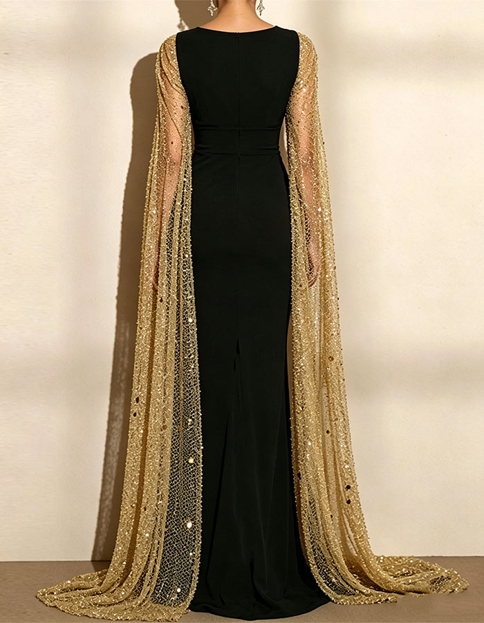 Black Fitted V-neck Shawl Style Maxi Dress