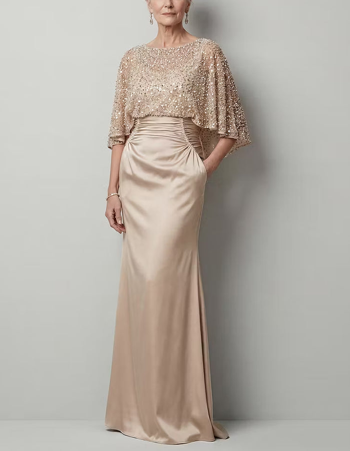 Champagne Colored Shawl Style Sequined Mesh Satin Maxi Dress