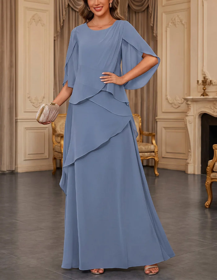 Gray Blue Layered Chiffon Shawl Sleeves Maxi Dress