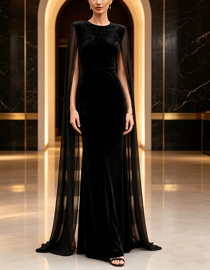 Black Velvet Chiffon Shawl Sleeve Mermaid Maxi Dress