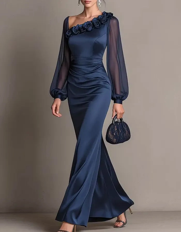 Navy Blue Satin One Shoulder Fishtail Maxi Dress