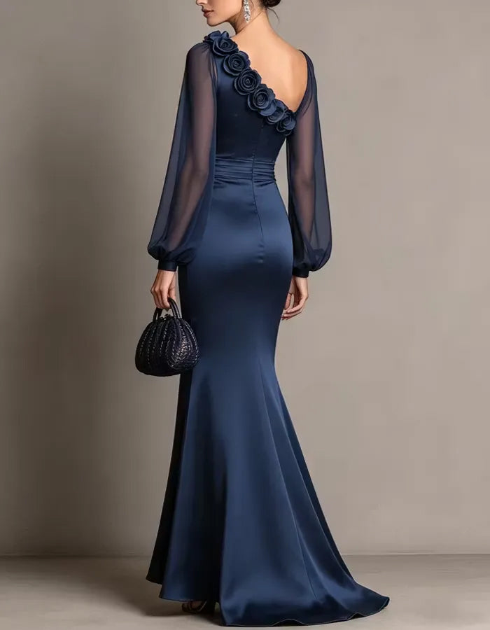 Navy Blue Satin One Shoulder Fishtail Maxi Dress