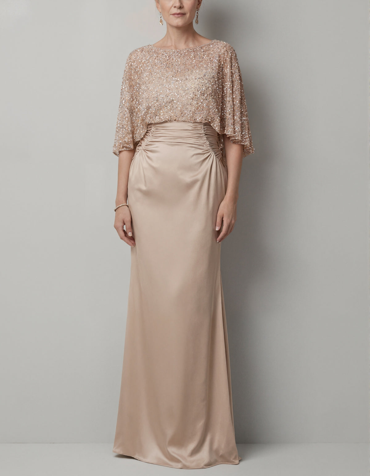 Champagne Colored Shawl Style Sequined Mesh Satin Maxi Dress