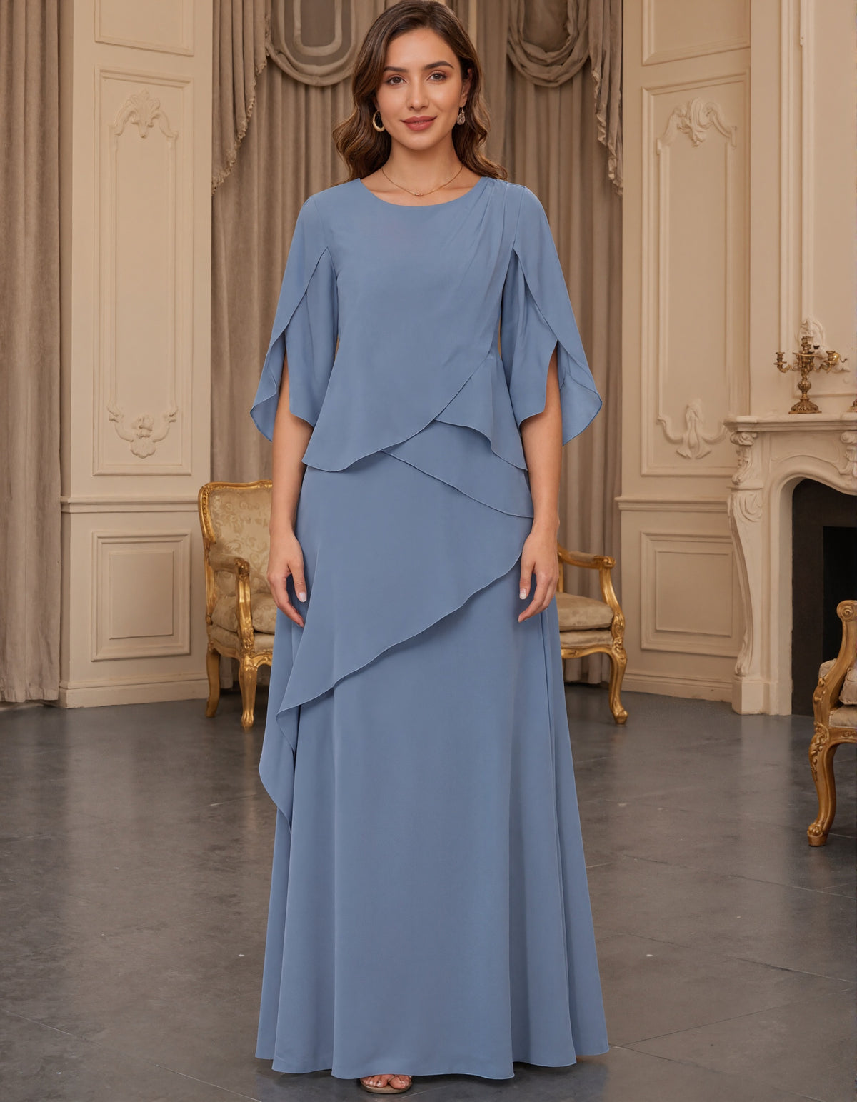 Gray Blue Layered Chiffon Shawl Sleeves Maxi Dress