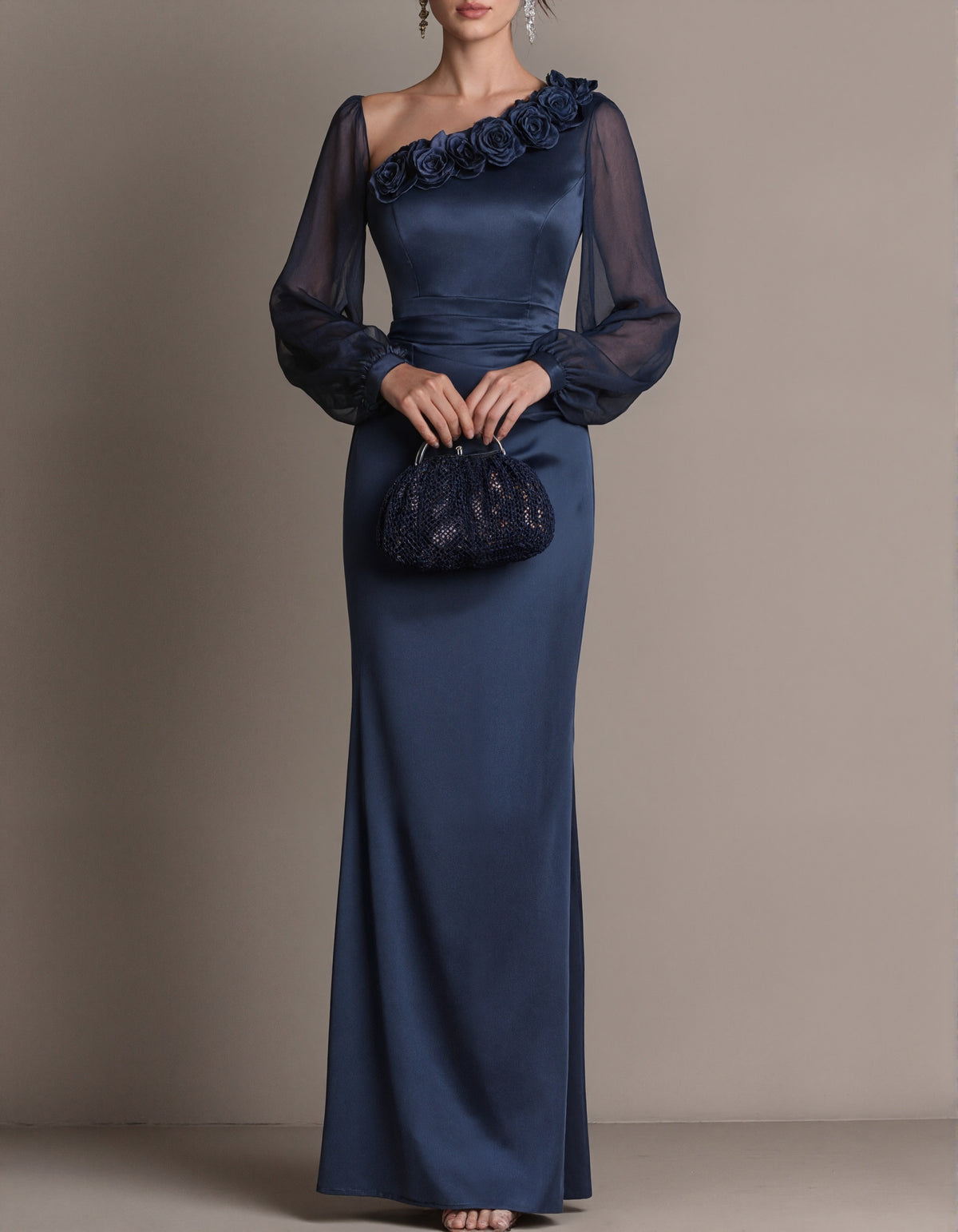 Navy Blue Satin One Shoulder Fishtail Maxi Dress