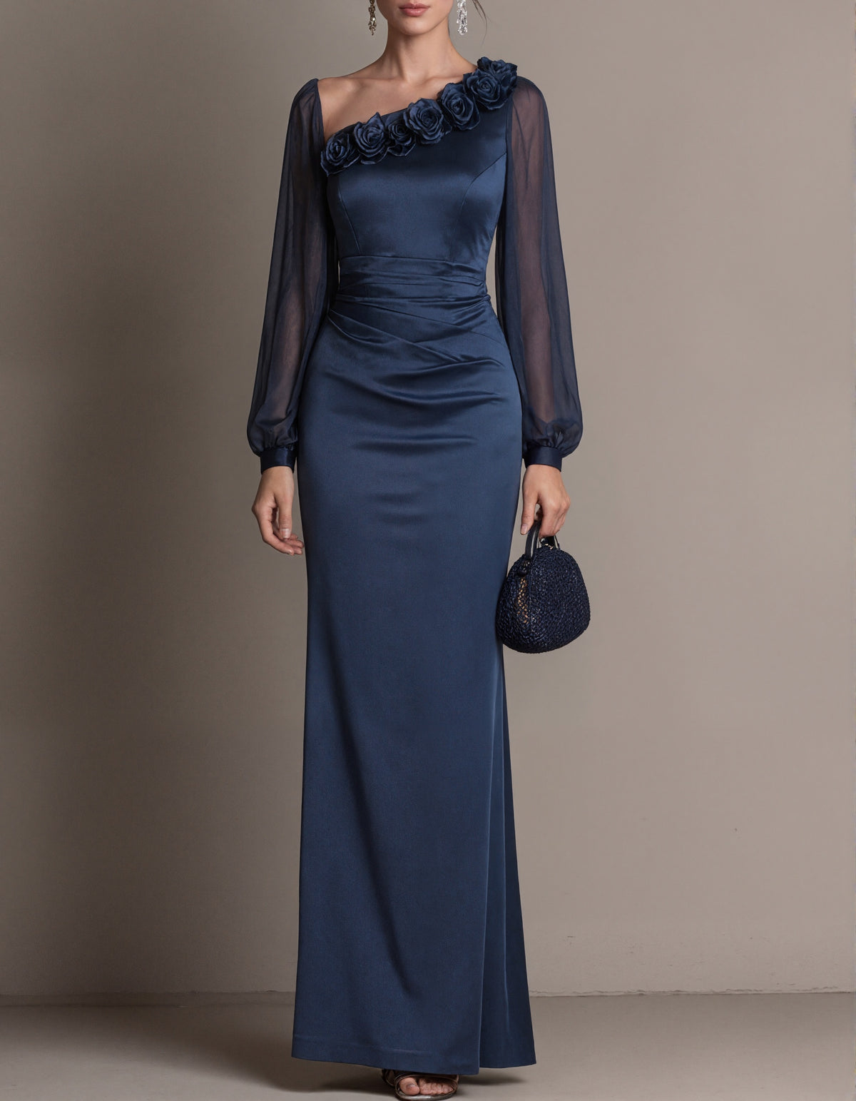 Navy Blue Satin One Shoulder Fishtail Maxi Dress