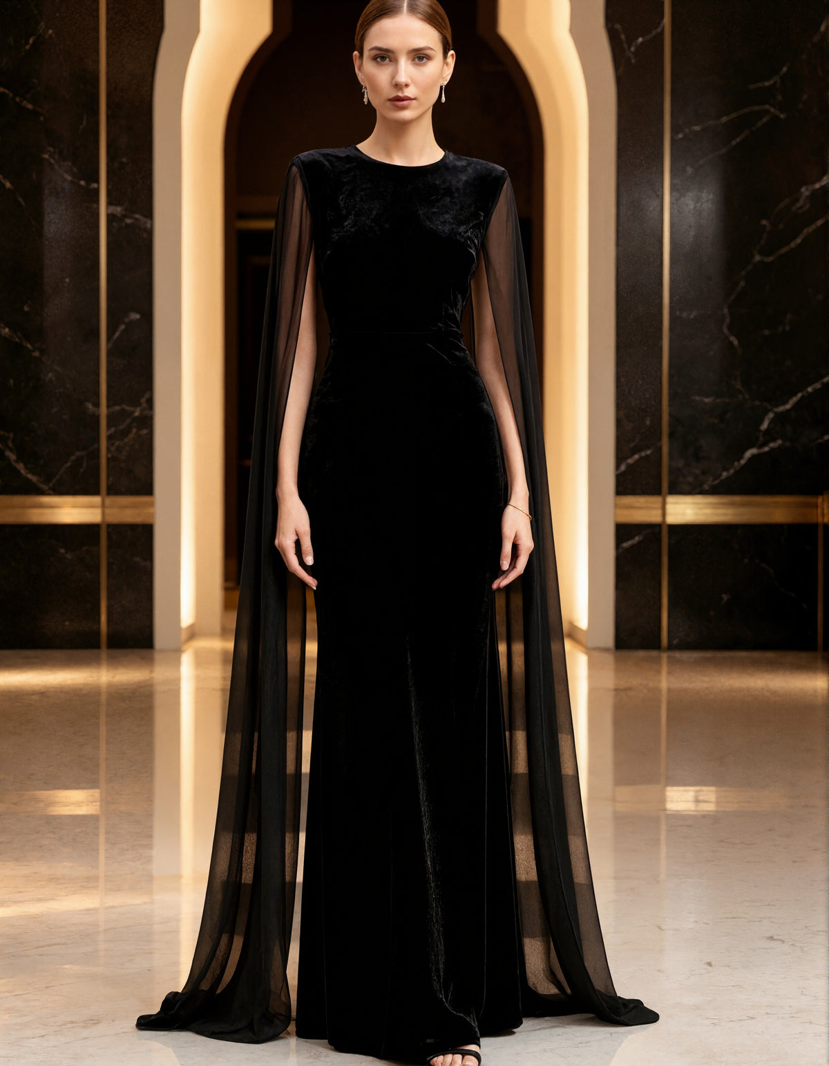 Black Velvet Chiffon Shawl Sleeve Mermaid Maxi Dress