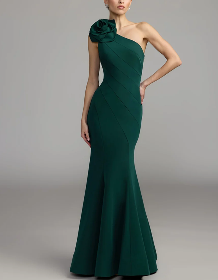 One-Shoulder 3D Rose Detail Mermaid Maxi Dress