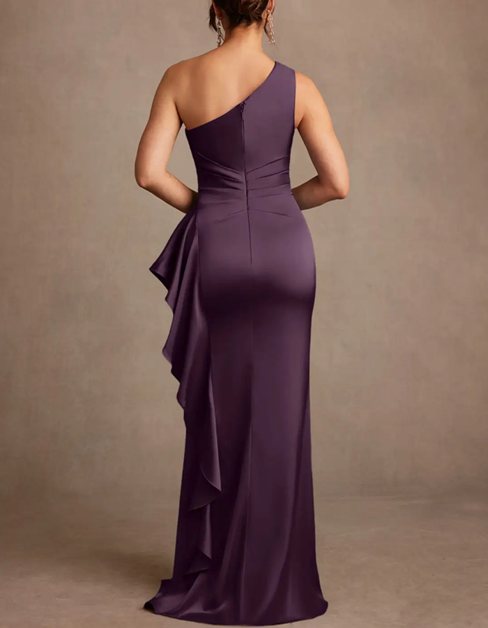 One‑Shoulder Satin Ruffled Slit Formal Evening Gown Maxi Dress