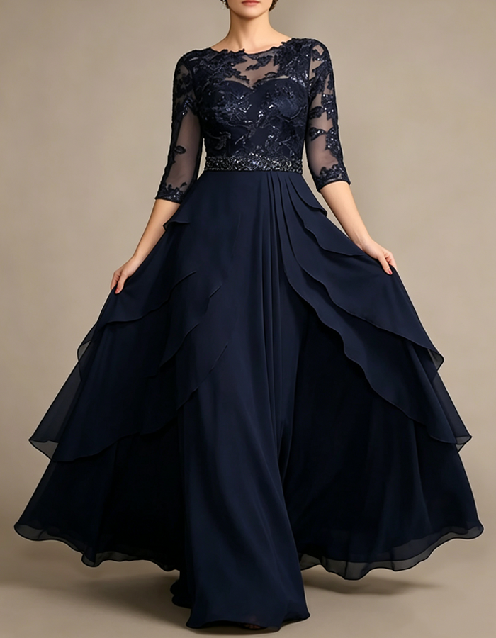 Lace Sequin 3/4 Sleeve Chiffon A‑Line Formal Evening Gown Maxi Dress