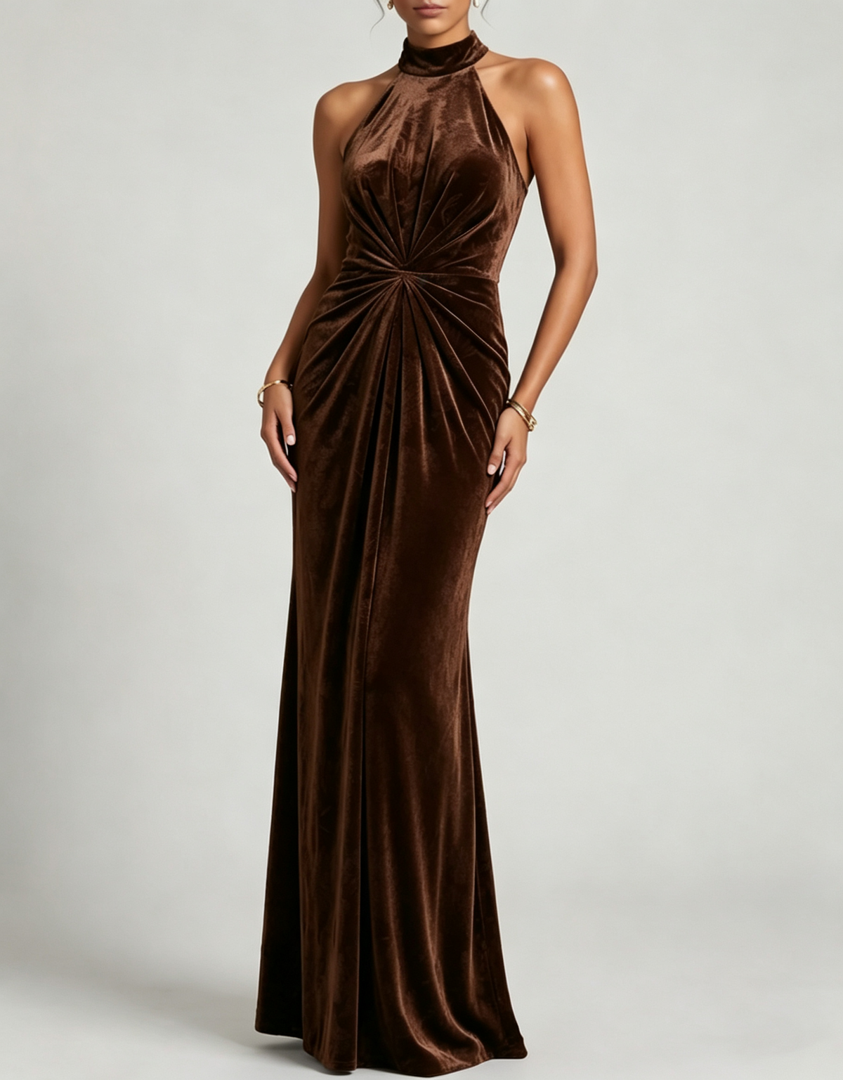 Halter Velvet Ruched Waist Mermaid Maxi Dress