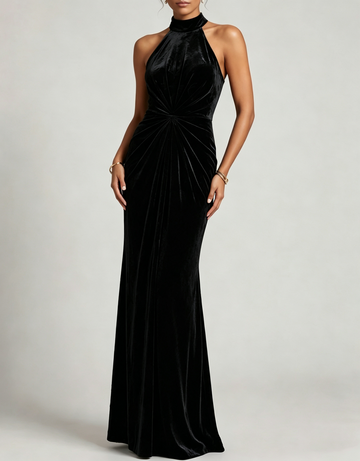 Halter Velvet Ruched Waist Mermaid Maxi Dress