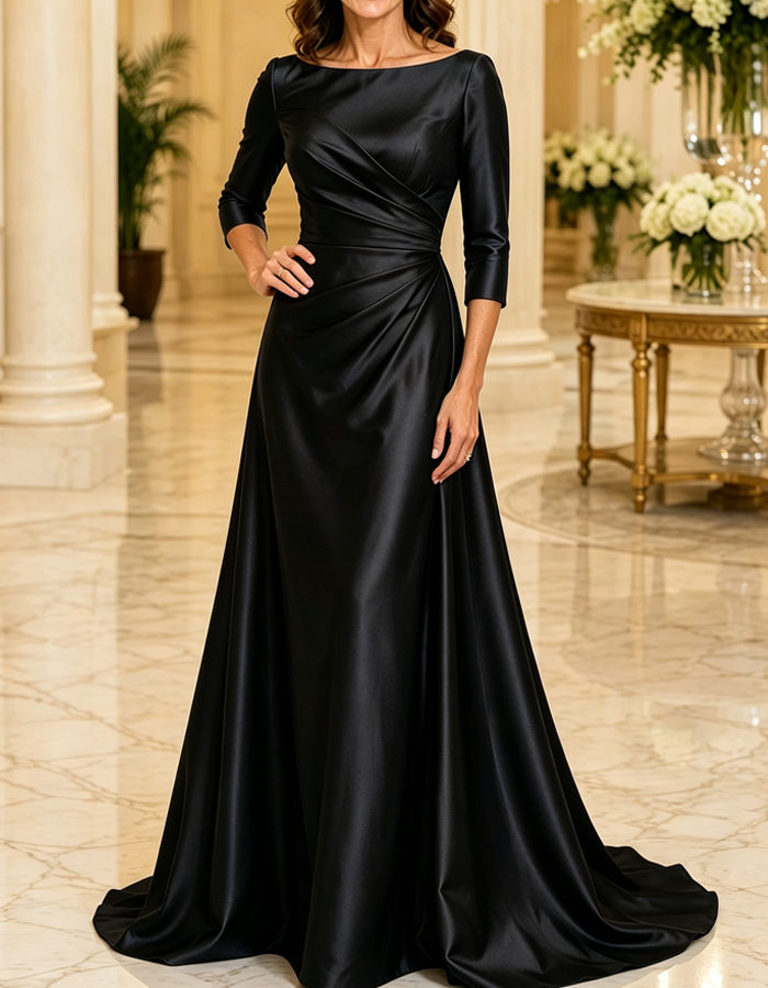 Boat‑Neck 3/4 Sleeve Satin A‑Line Train Formal Evening Gown Maxi Dress