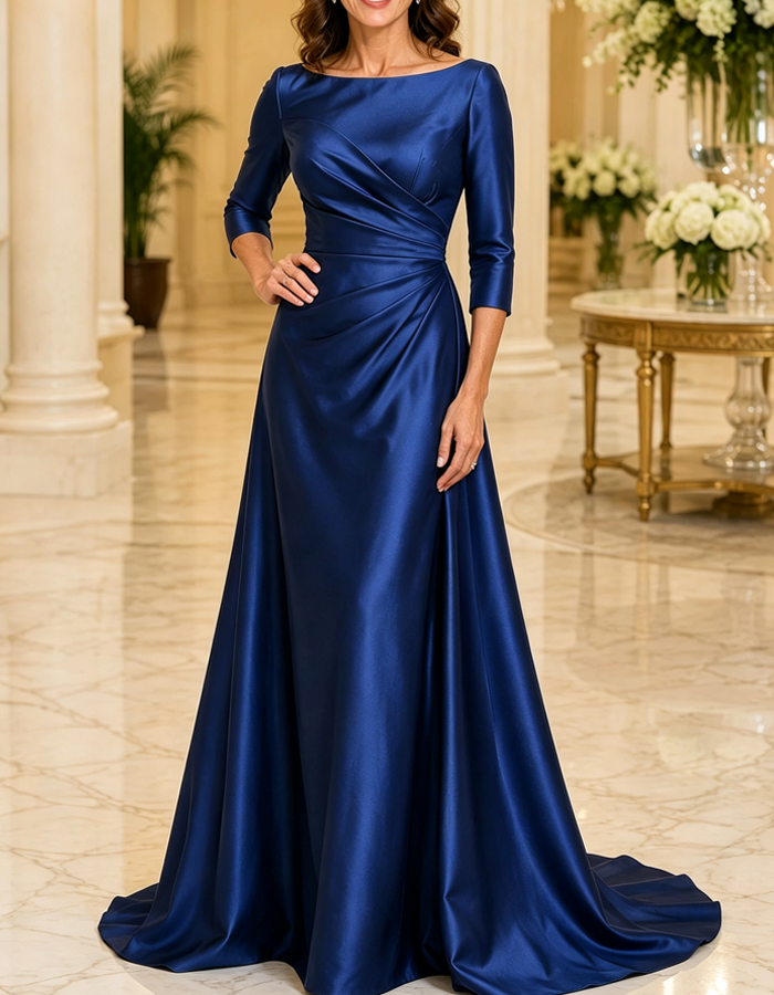 Boat‑Neck 3/4 Sleeve Satin A‑Line Train Formal Evening Gown Maxi Dress
