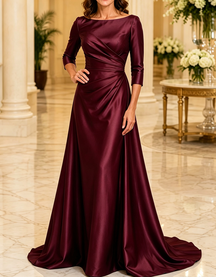 Boat‑Neck 3/4 Sleeve Satin A‑Line Train Formal Evening Gown Maxi Dress
