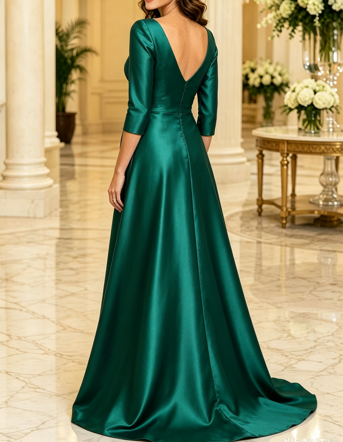 Boat‑Neck 3/4 Sleeve Satin A‑Line Train Formal Evening Gown Maxi Dress