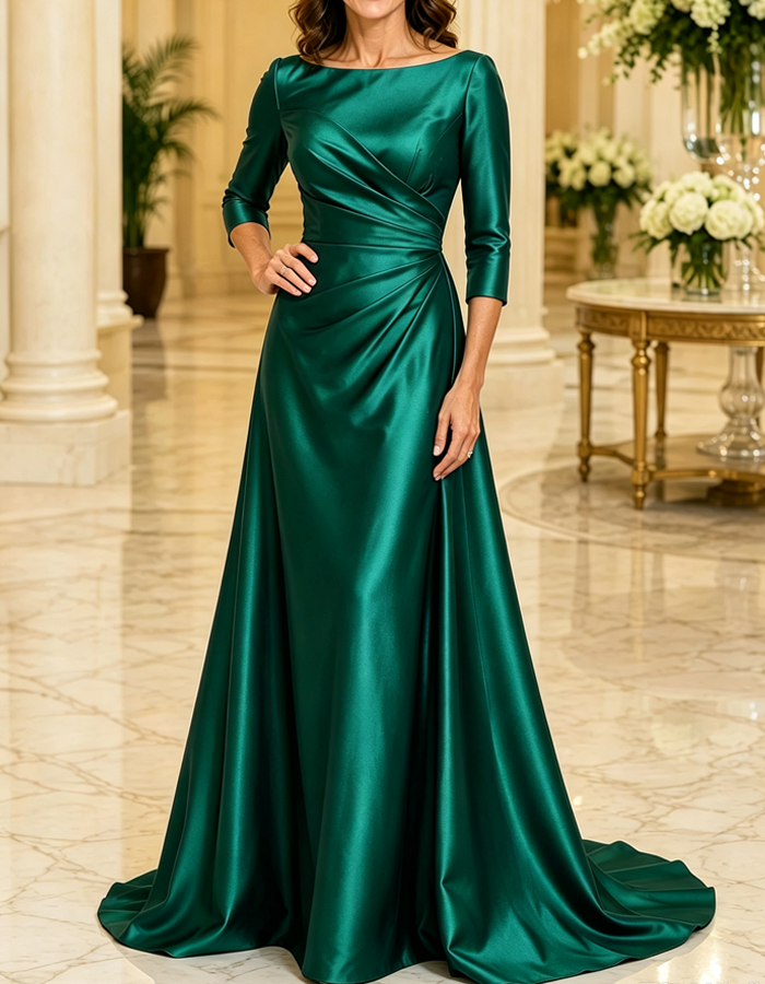 Boat‑Neck 3/4 Sleeve Satin A‑Line Train Formal Evening Gown Maxi Dress