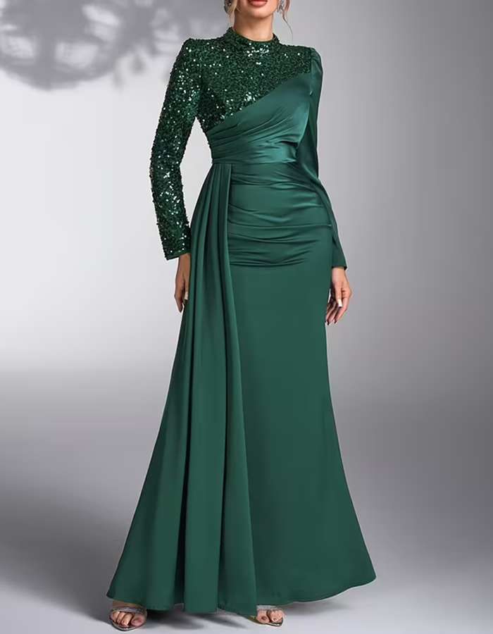 High‑Neck Sequin Satin Mermaid Evening Gown Maxi Dress