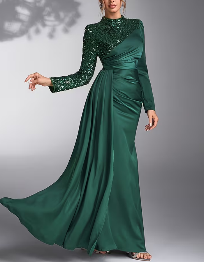 High‑Neck Sequin Satin Mermaid Evening Gown Maxi Dress