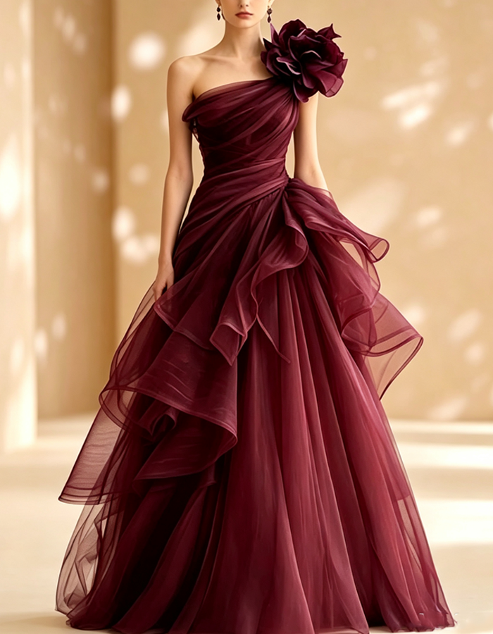 Burgundy One‑Shoulder 3D Flower Tulle Evening Gown Maxi Dress
