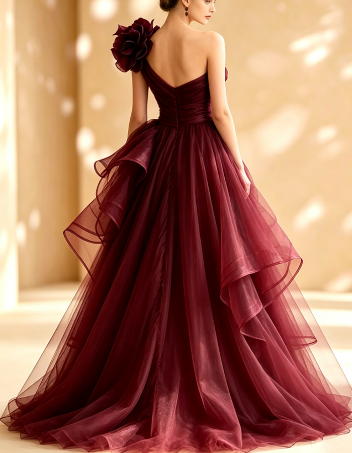 Burgundy One‑Shoulder 3D Flower Tulle Evening Gown Maxi Dress