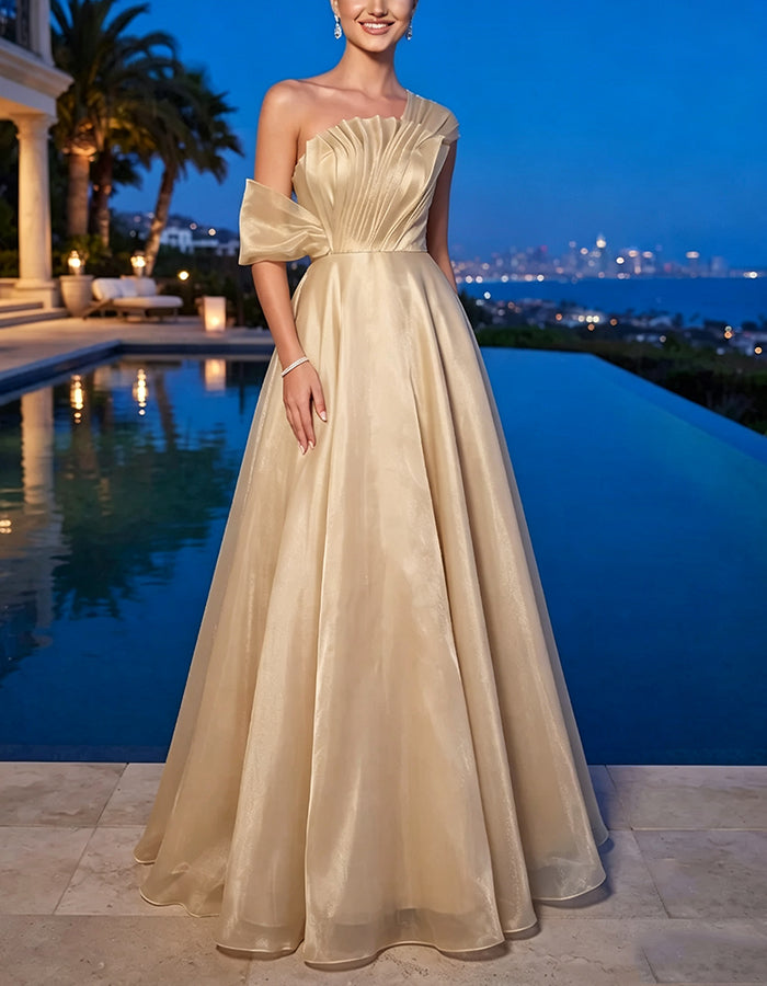 Champagne Colored One Shoulder Pleated Maxi Dress
