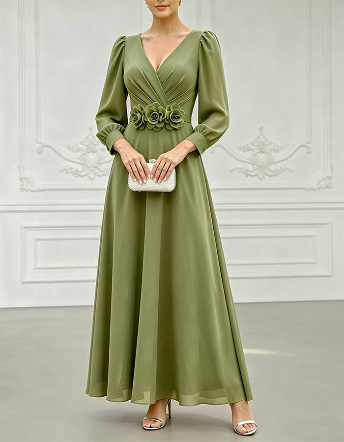 Olive Green Chiffon Long Sleeved 3D Floral Pattern Maxi Dress
