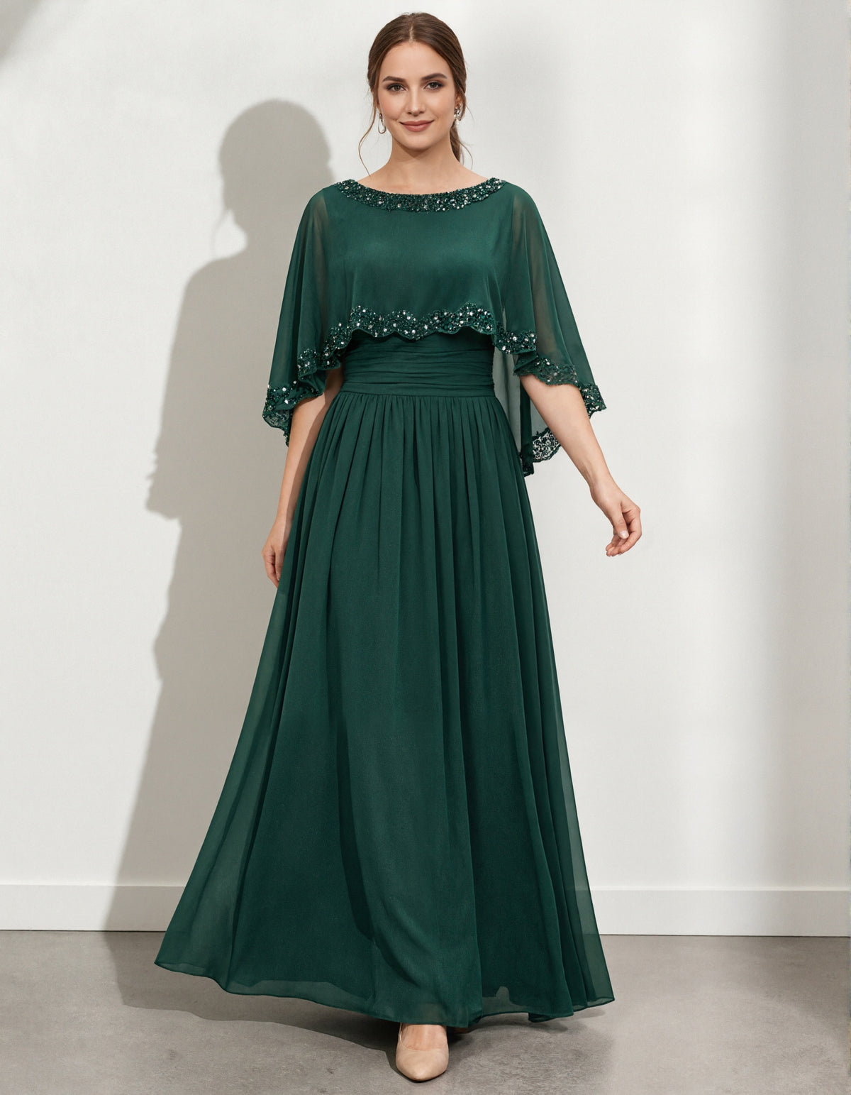 Dark Green Chiffon Shawl With Lace And Sequins Maxi Dress