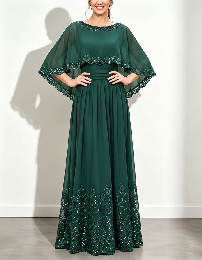 Dark Green Chiffon Shawl With Lace And Sequins Maxi Dress