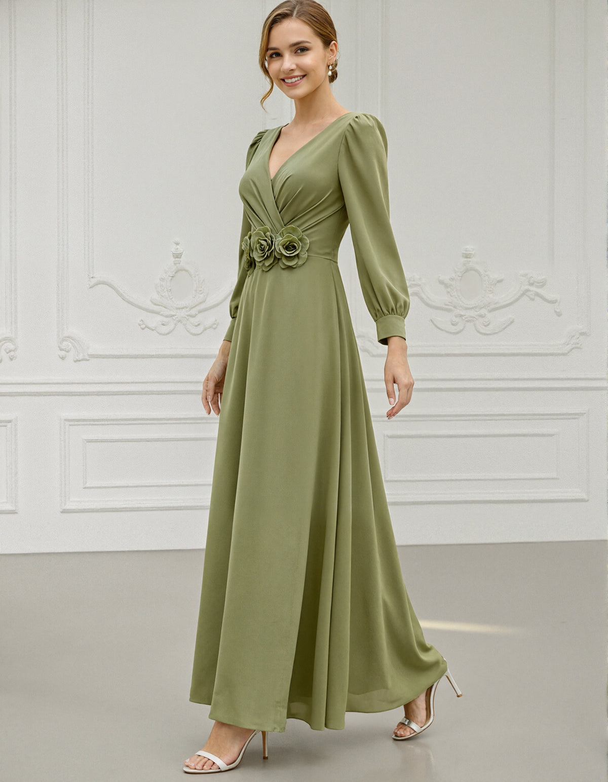 Olive Green Chiffon Long Sleeved 3D Floral Pattern Maxi Dress