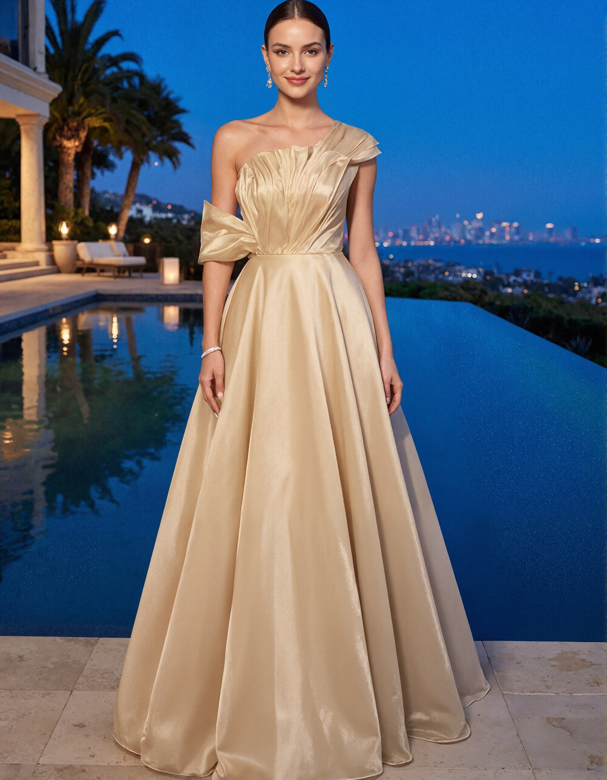 Champagne Colored One Shoulder Pleated Maxi Dress