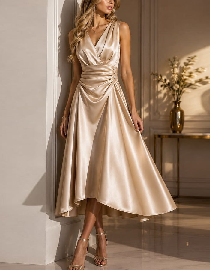Champagne Satin V-Neck Sleeveless Maxi Dress