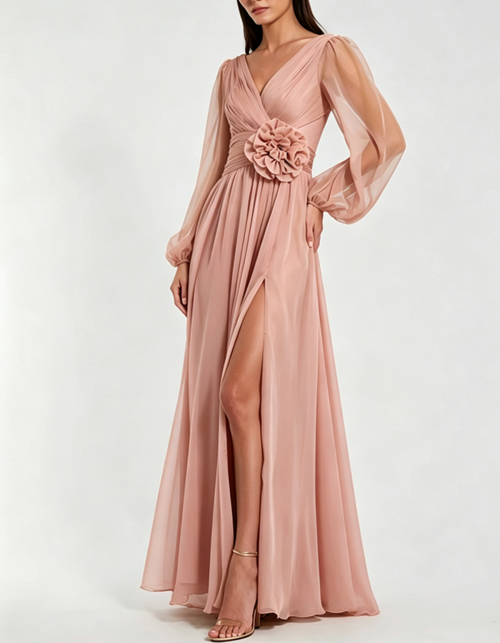 V‑Neck 3D Floral Long Sleeve Chiffon Maxi Dress