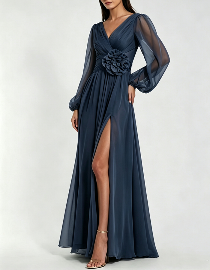 V‑Neck 3D Floral Long Sleeve Chiffon Maxi Dress