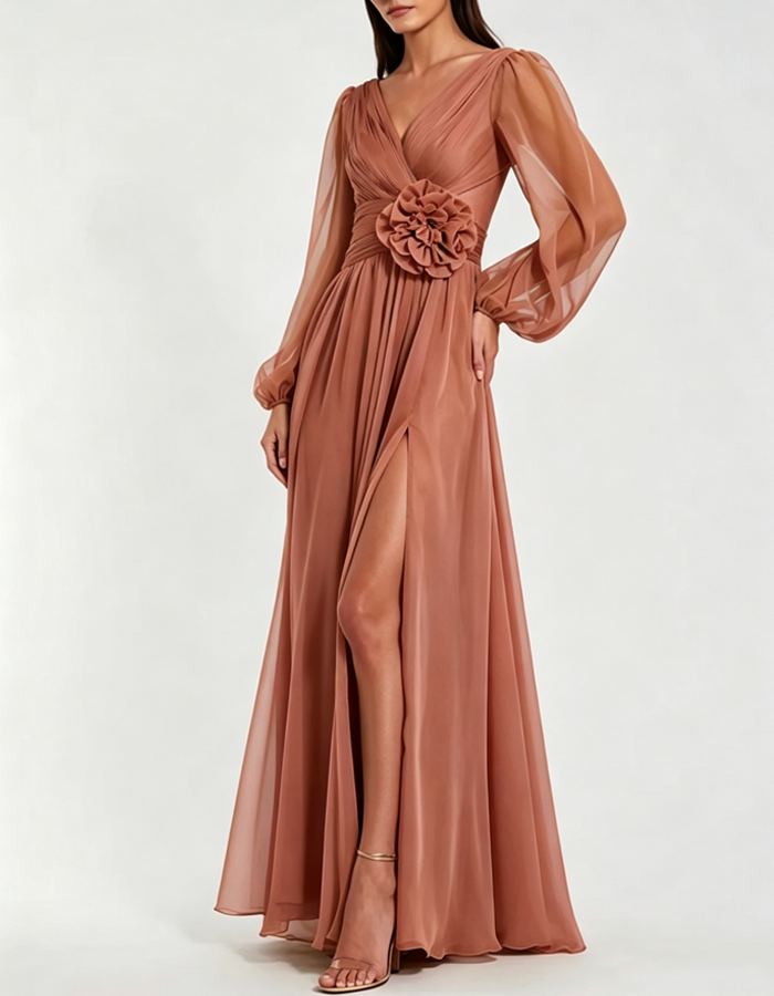 V‑Neck 3D Floral Long Sleeve Chiffon Maxi Dress