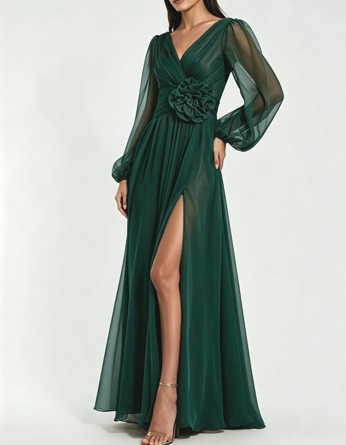 V‑Neck 3D Floral Long Sleeve Chiffon Maxi Dress