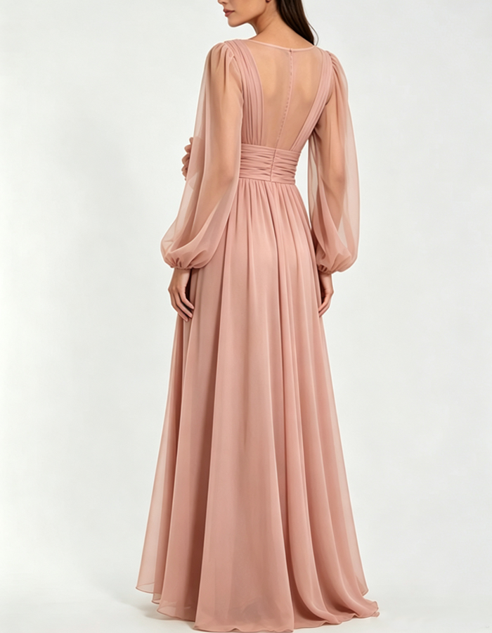 V‑Neck 3D Floral Long Sleeve Chiffon Maxi Dress