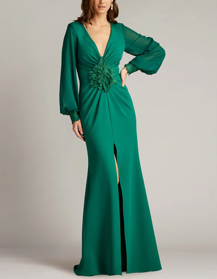 Deep V‑Neck 3D Floral Long Sleeve Chiffon Maxi Dress