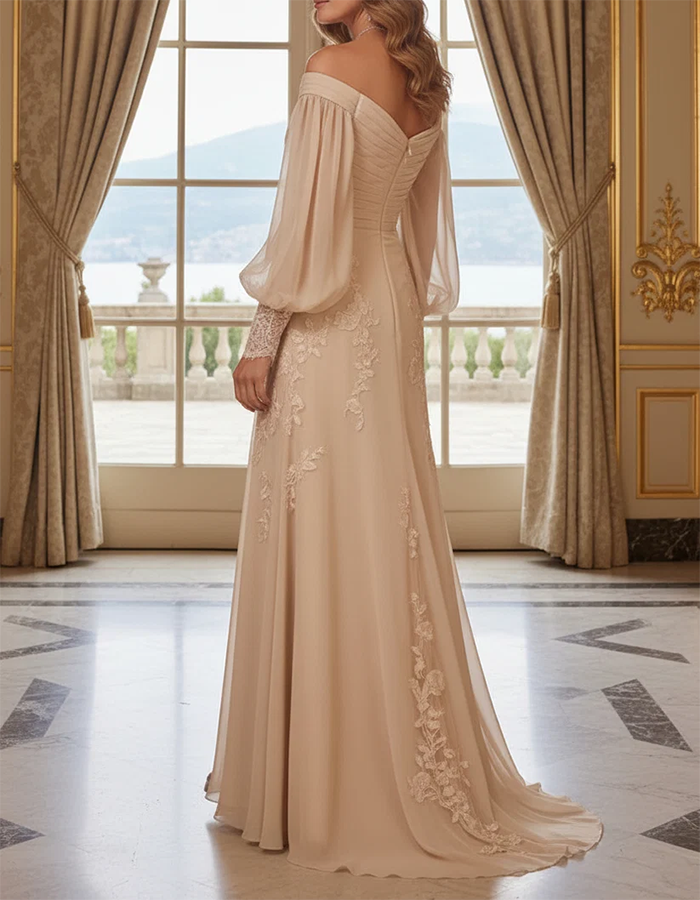 Champagne Off‑the‑Shoulder Bishop‑Long‑Sleeve Ruched Chiffon Lace‑Applique Mermaid Maxi Dress