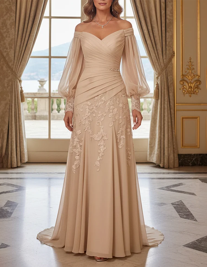 Champagne Off‑the‑Shoulder Bishop‑Long‑Sleeve Ruched Chiffon Lace‑Applique Mermaid Maxi Dress