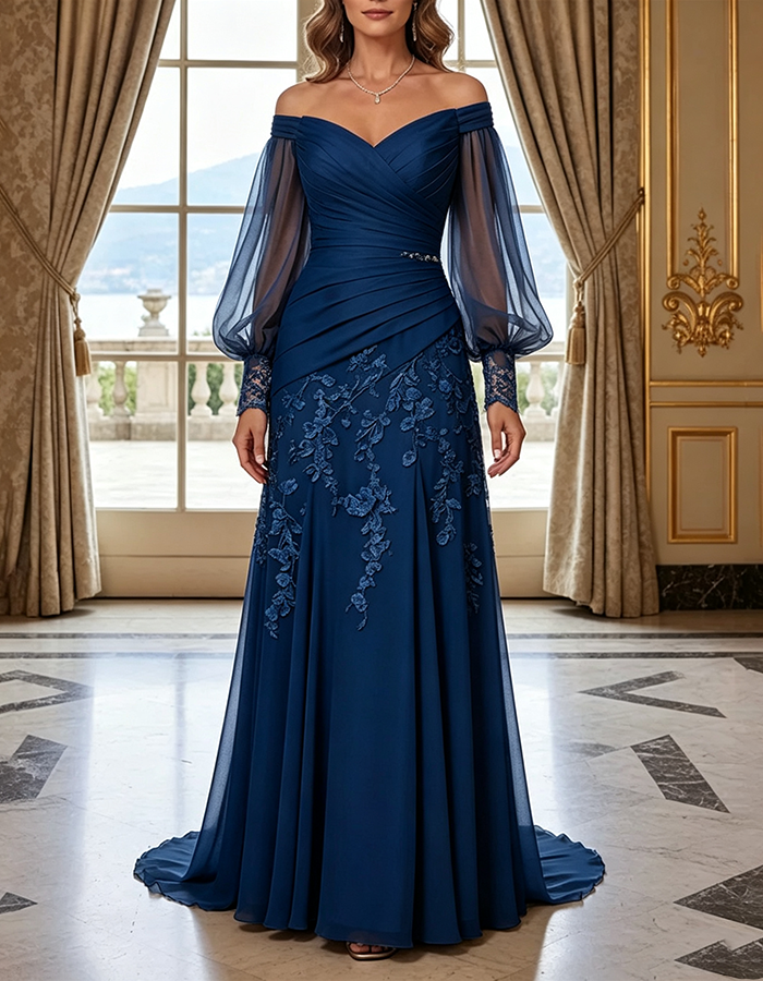 Champagne Off‑the‑Shoulder Bishop‑Long‑Sleeve Ruched Chiffon Lace‑Applique Mermaid Maxi Dress