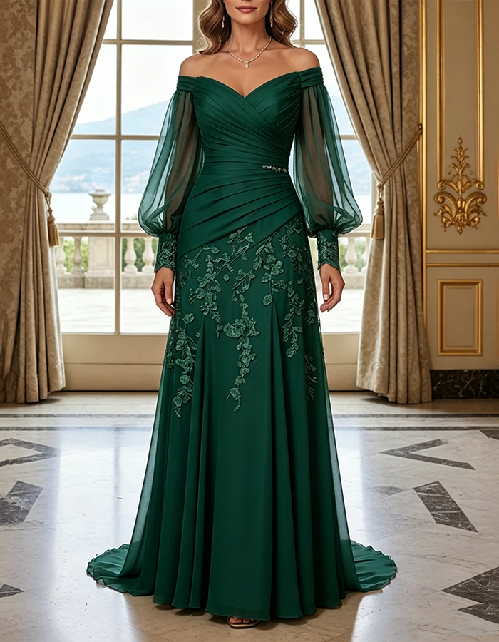 Champagne Off‑the‑Shoulder Bishop‑Long‑Sleeve Ruched Chiffon Lace‑Applique Mermaid Maxi Dress