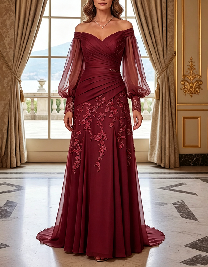 Champagne Off‑the‑Shoulder Bishop‑Long‑Sleeve Ruched Chiffon Lace‑Applique Mermaid Maxi Dress