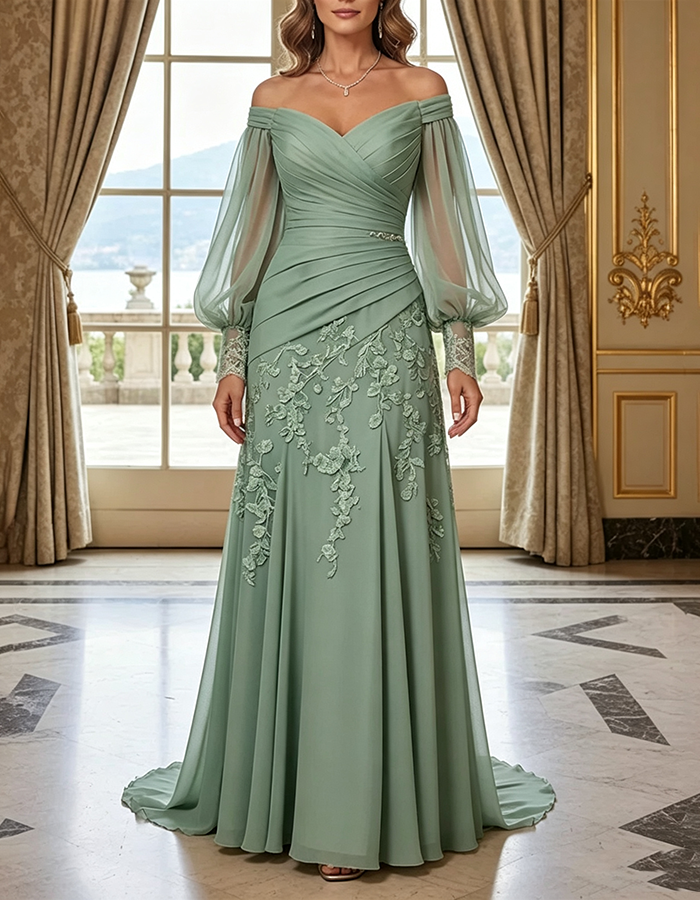 Champagne Off‑the‑Shoulder Bishop‑Long‑Sleeve Ruched Chiffon Lace‑Applique Mermaid Maxi Dress