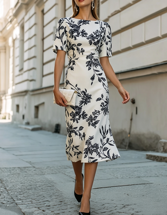 Off-white Botanical Floral Print Boat Neckline Midi Dress