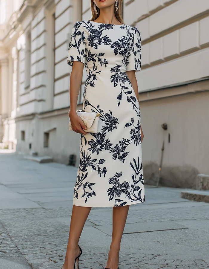 Off-white Botanical Floral Print Boat Neckline Midi Dress