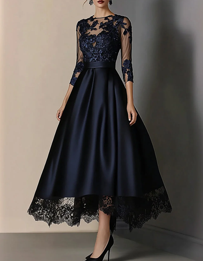 Navy Lace Satin 3/4 Sleeve High‑Low Midi Dress