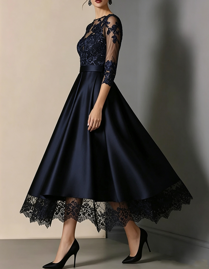Navy Lace Satin 3/4 Sleeve High‑Low Midi Dress