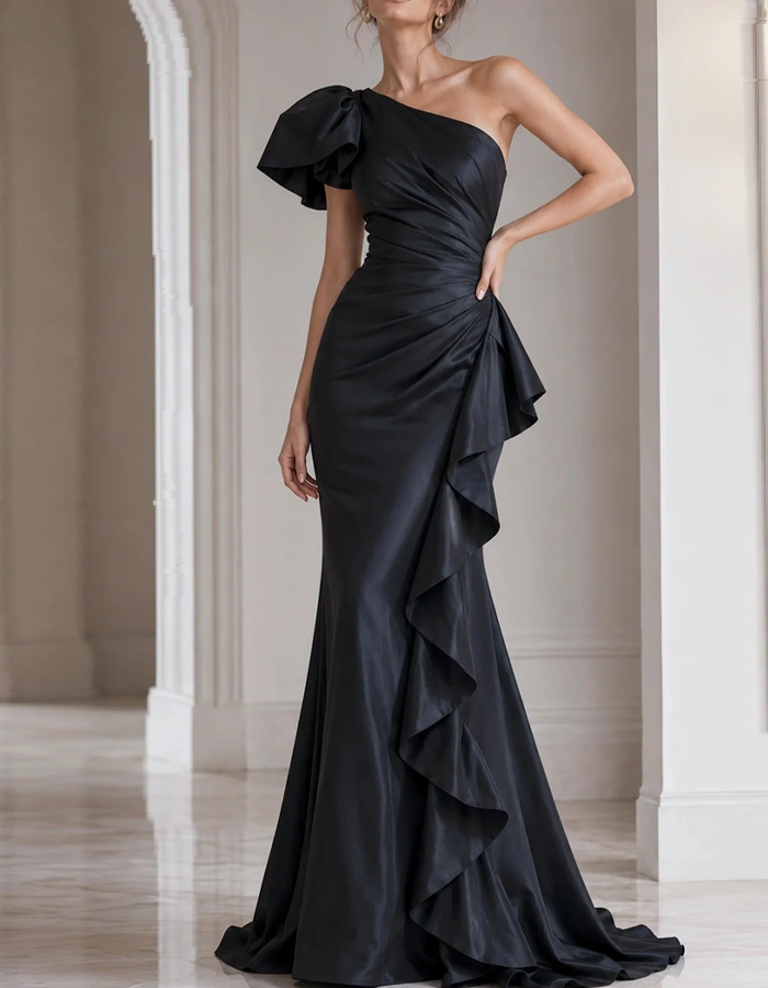 One‑Shoulder Cascading Ruffle Satin Mermaid Maxi Dress
